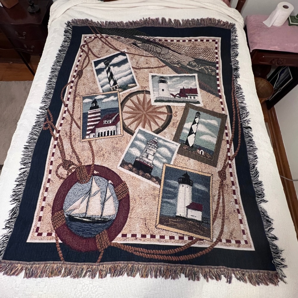 Vintage Nautical Lighthouse Woven Tapestry Throw Blanket Sailboat Compass 48x60
